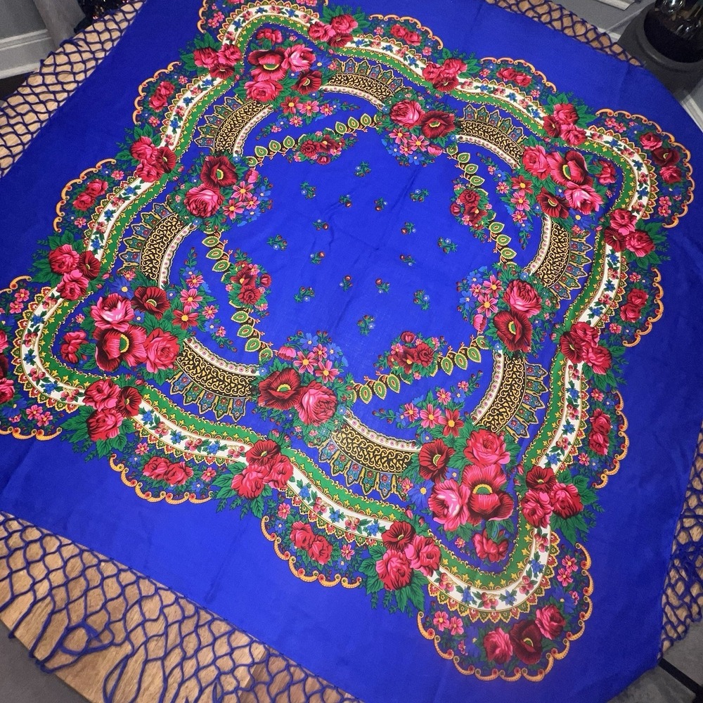 Vintage Fringed Scarf 100% Virgin Wool Made in Japan 49" Square‎ Blue Floral